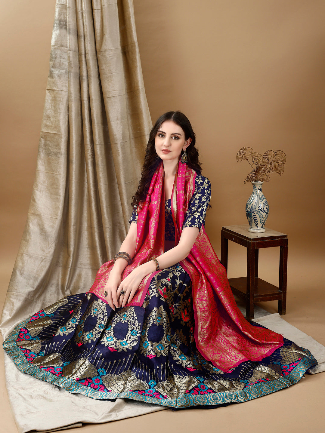 Navy Border Buta Banarsi Lehenga with Contrast Dupatta