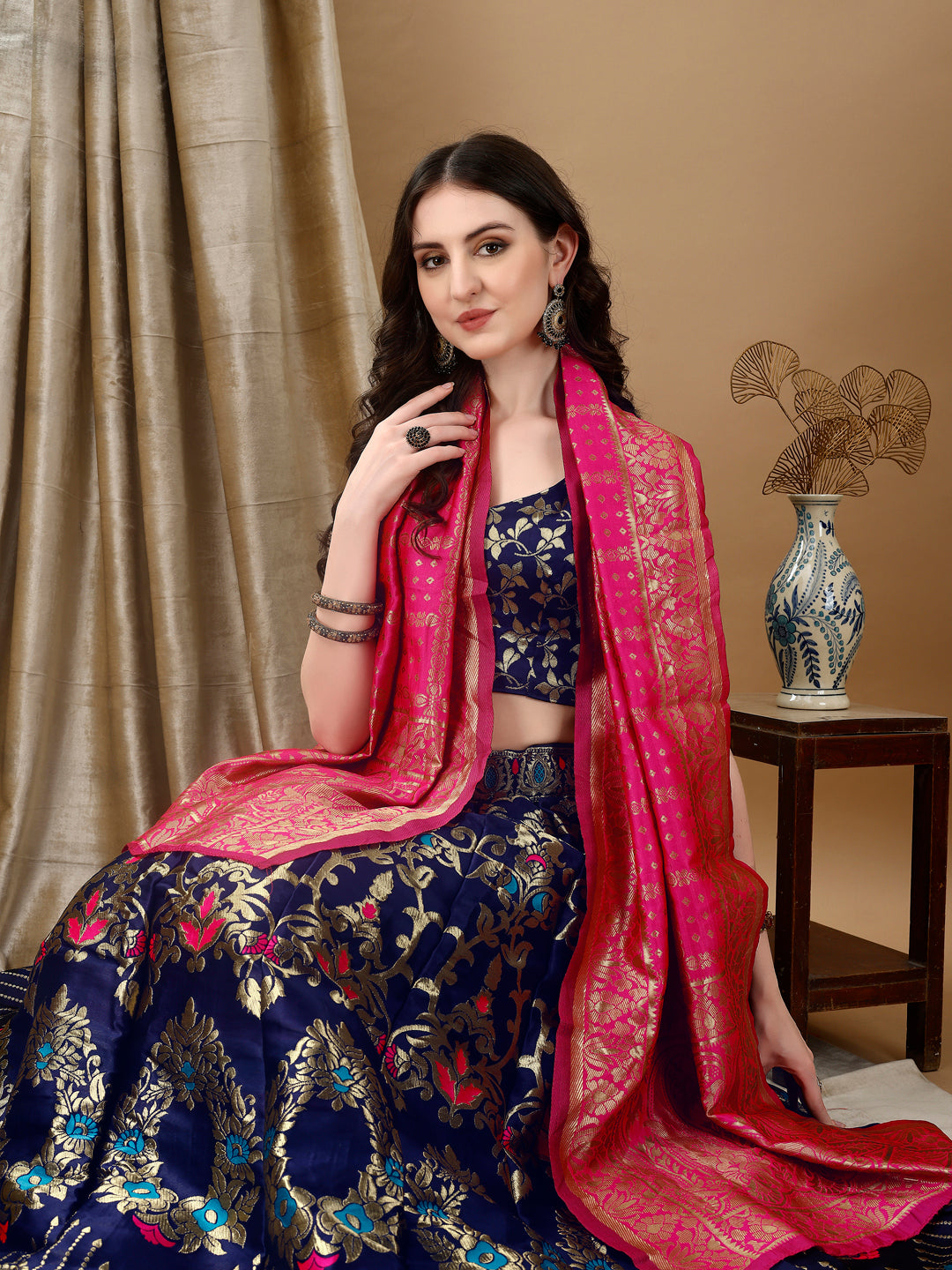 Navy Border Buta Banarsi Lehenga with Contrast Dupatta