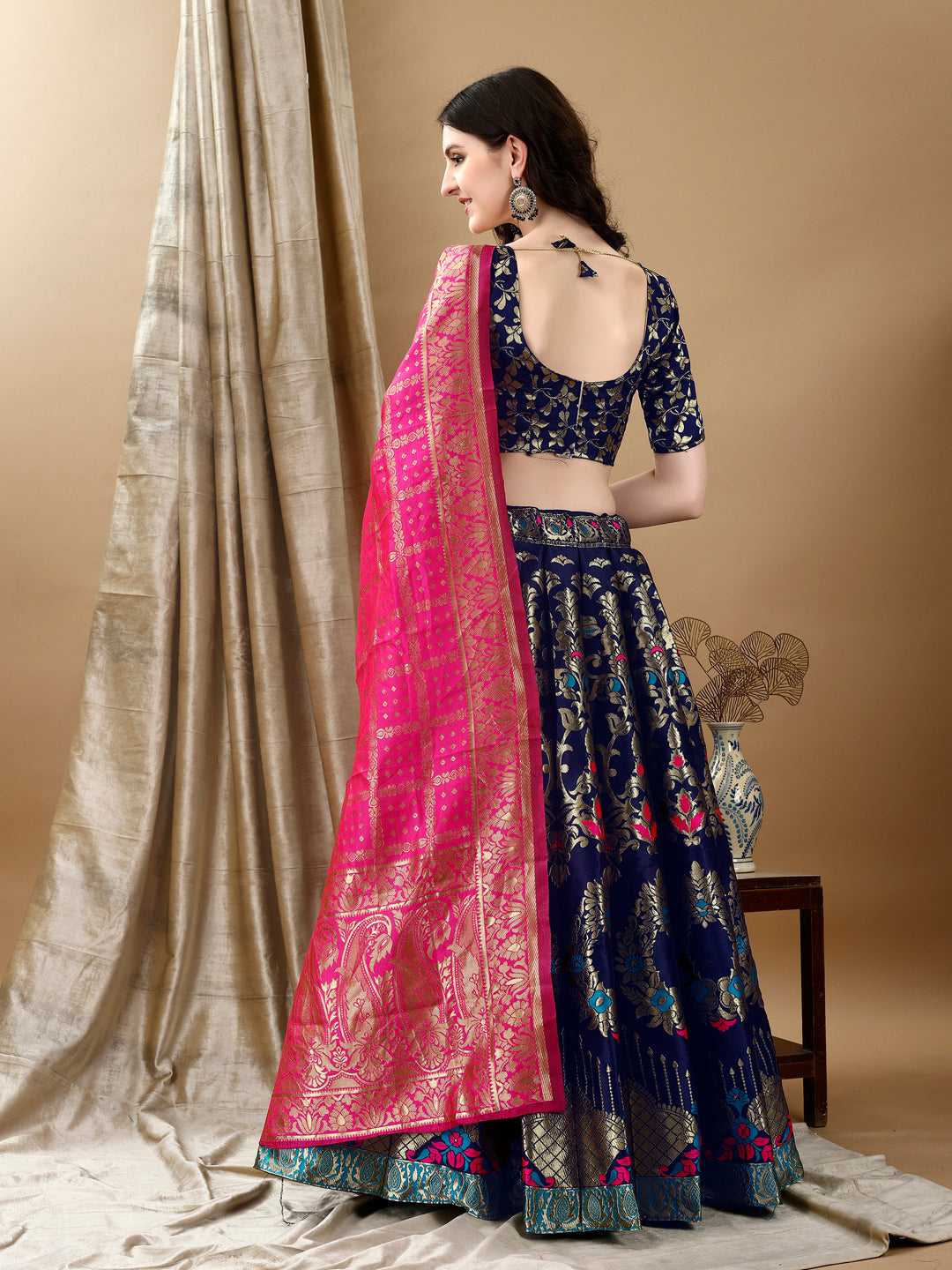 Navy Border Buta Banarsi Lehenga with Contrast Dupatta
