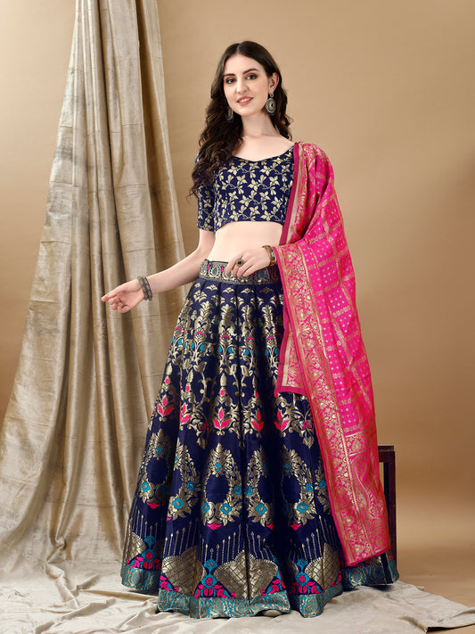 Navy Border Buta Banarsi Lehenga with Contrast Dupatta