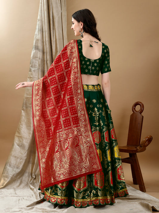 Green Banarsi Lehenga with Bandhej Dupatta