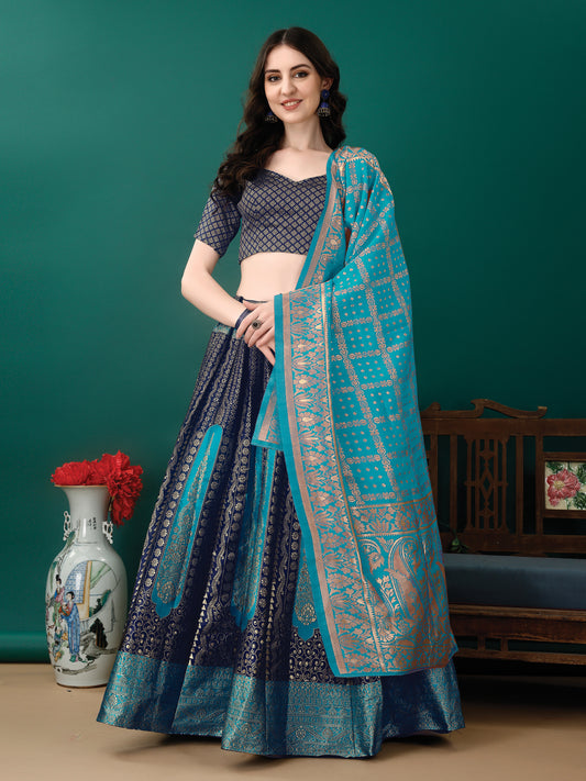 Navy Lehenga With Contrast Border