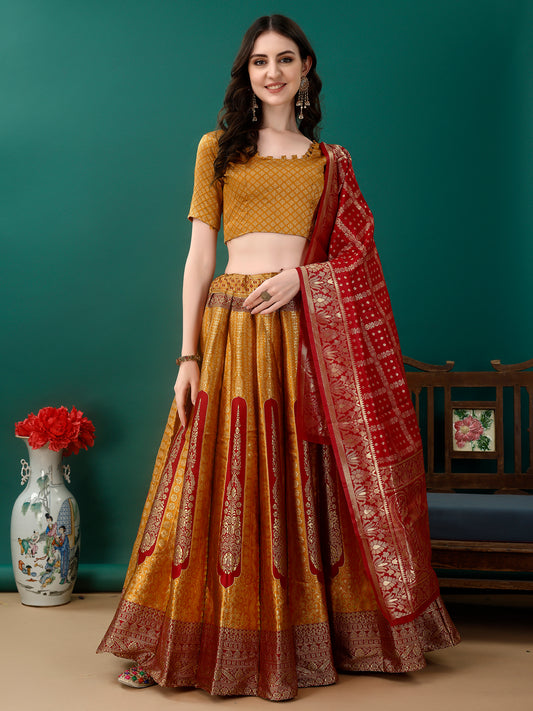 Mustard Lehenga With Contrast Border