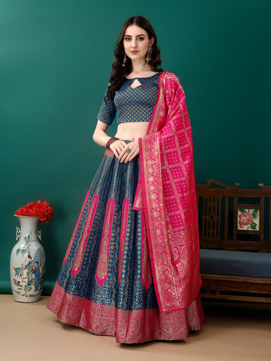 Dark Blue Lehenga With Contrast Border