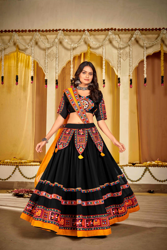 Multi Color Black Base Embroidered Lehenga