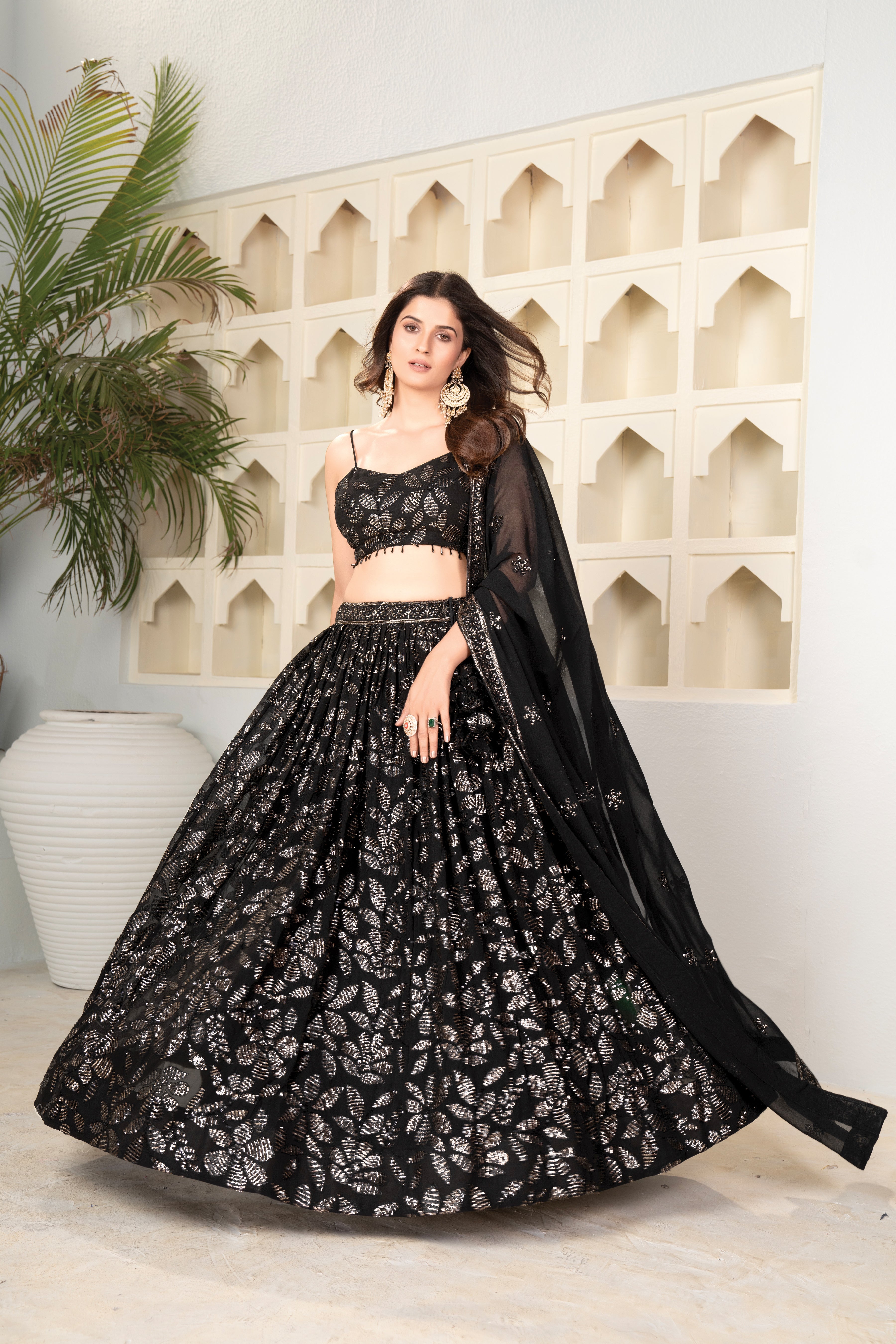 Black Tonal Sequin Floral Lehenga