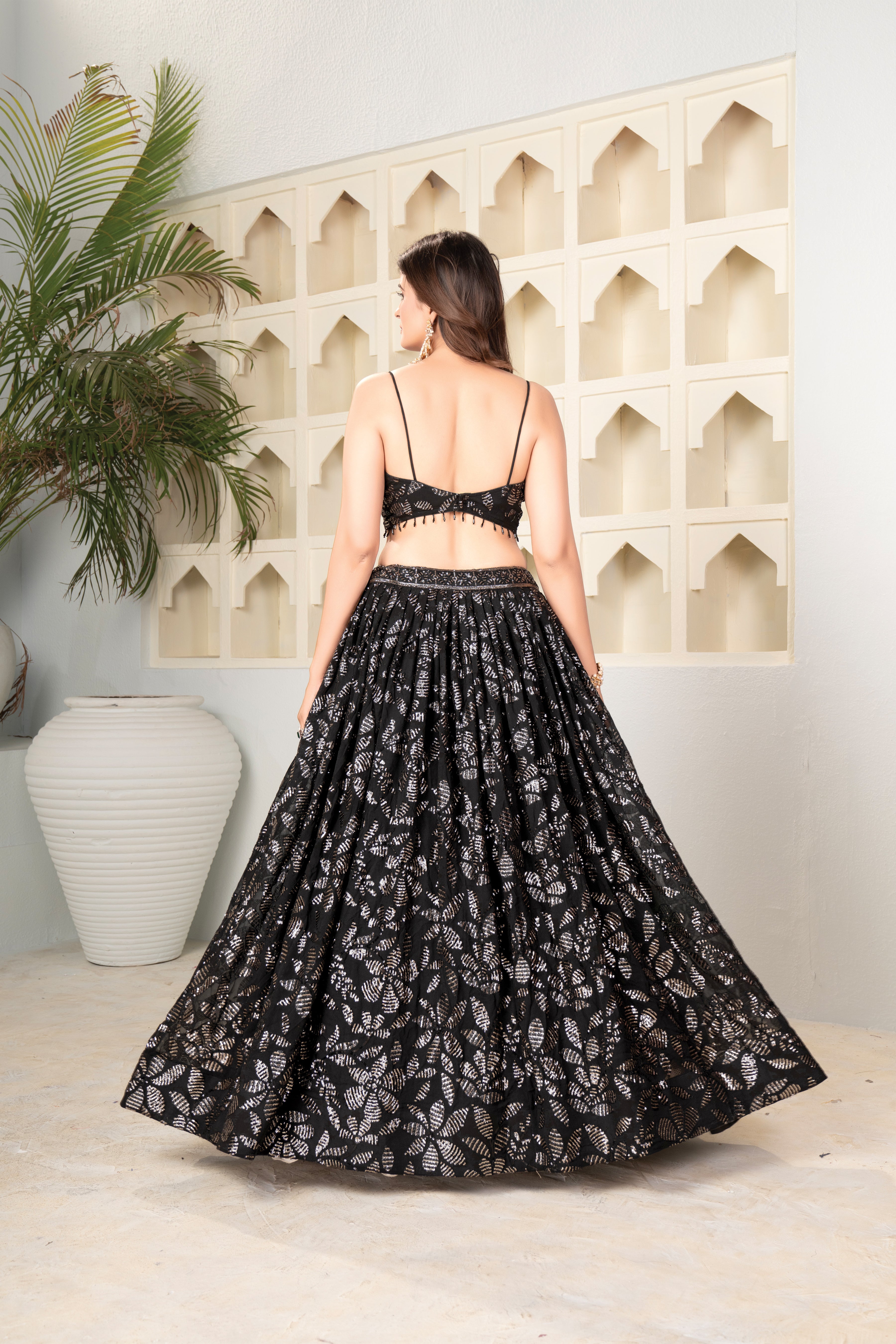 Black Tonal Sequin Floral Lehenga