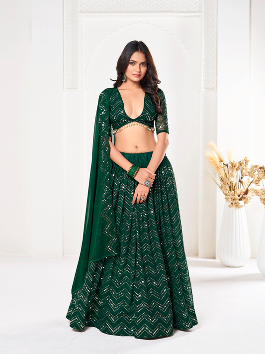 Green Shevron Sequin Embroidery Lehenga