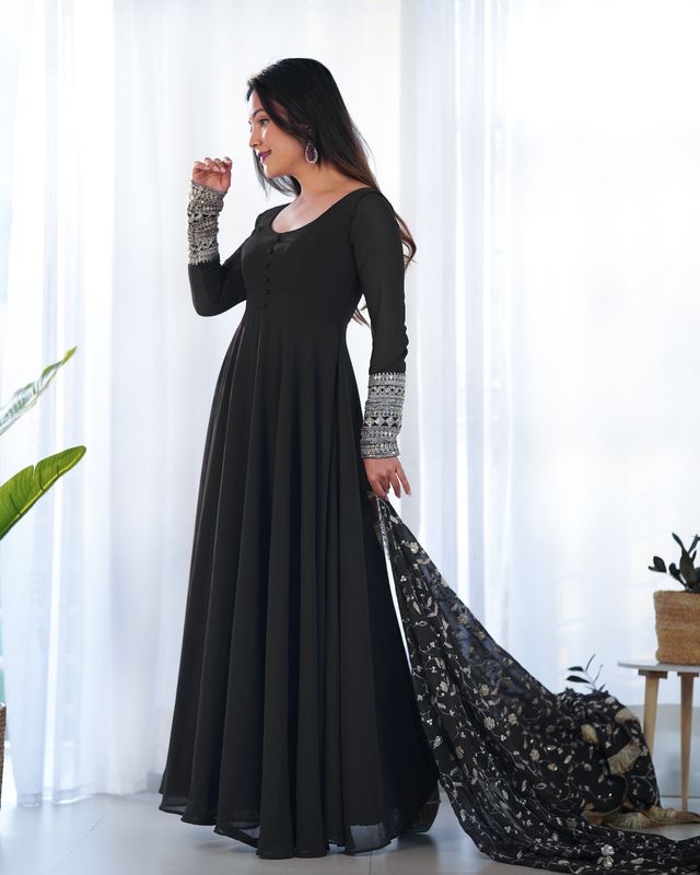 Women Georgette Anarkali Gown Duppta Full Set With Pent Ready To Wear