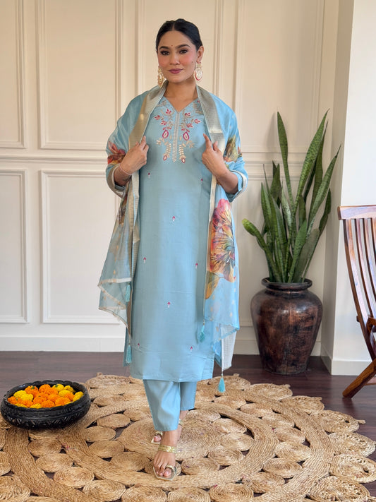 Rama Viscose Chanderi Embroidered Kurta