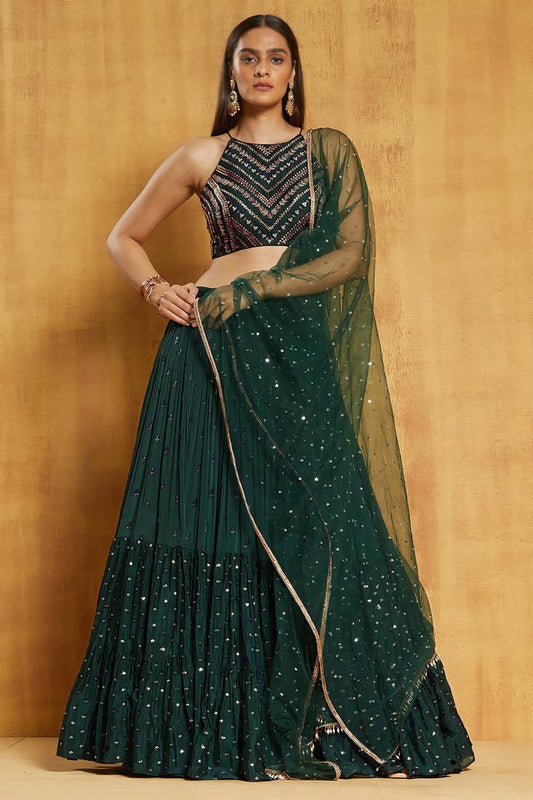 Green Zari Work Layered Lehenga