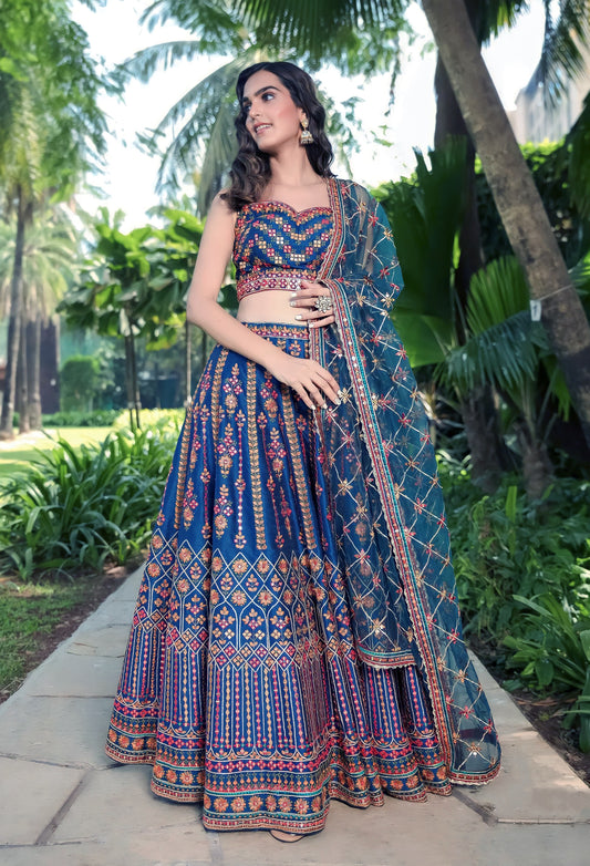 Blue Chinon Sequin Lehenga with Zari Work