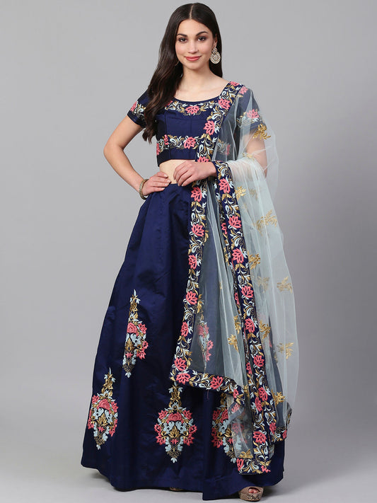 Blue Women's Taffeta Silk Embroidery Lehenga Choli