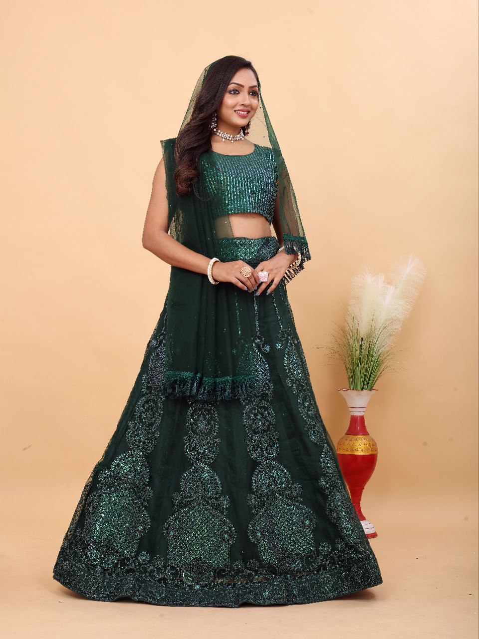 Green Embroidered Party Wear Lehenga