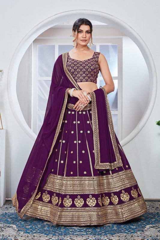 Wine Zari Work Floral Buta Lehenga