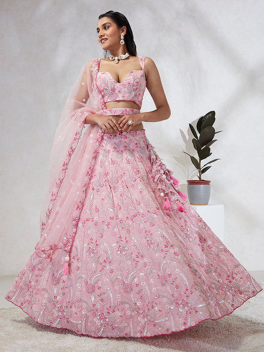 Pink Georgette Sequins and thread embroidery Lehenga Set