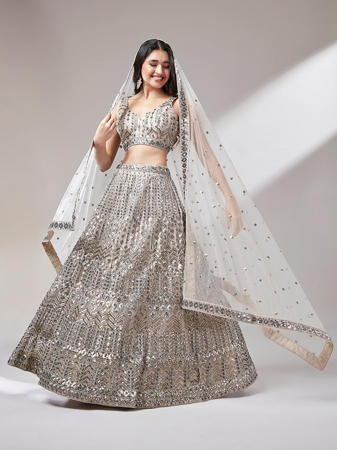 Beige - Net Mirror & Sequins Embroiderey Lehenga Set