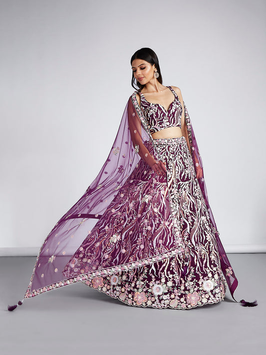 Burgundy Net Sequins and thread embroidery Lehenga Set