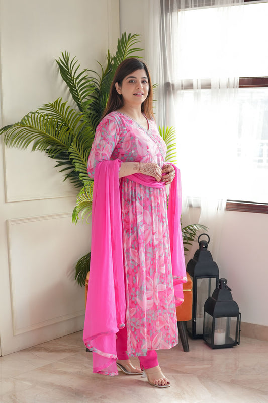 Pink Chinon Embroidery Kurta