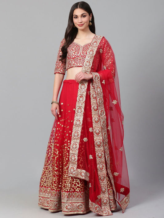 Red Women's Soft Net Embroidery Lehenga Choli