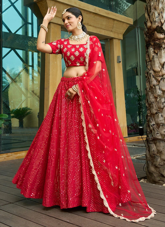 Red Georgette Tnal Thread Embroidered Lehenga