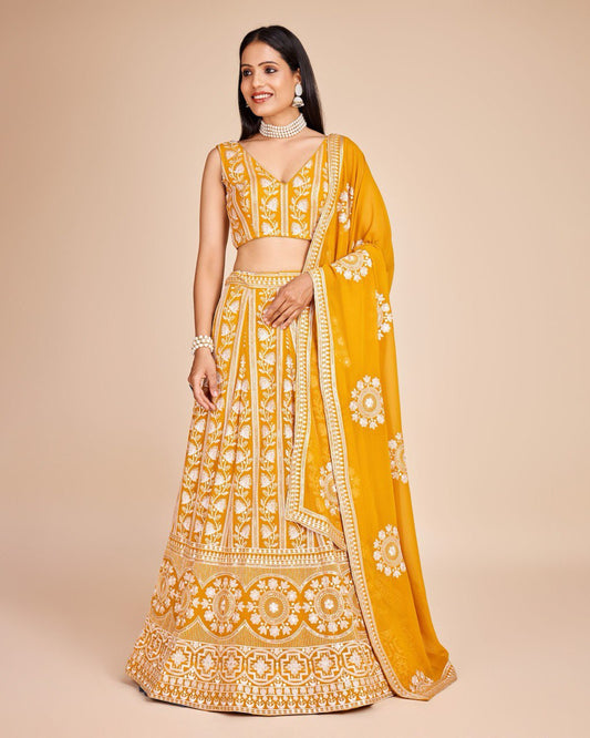 Mustard Thread Embroidery Lehenga Set