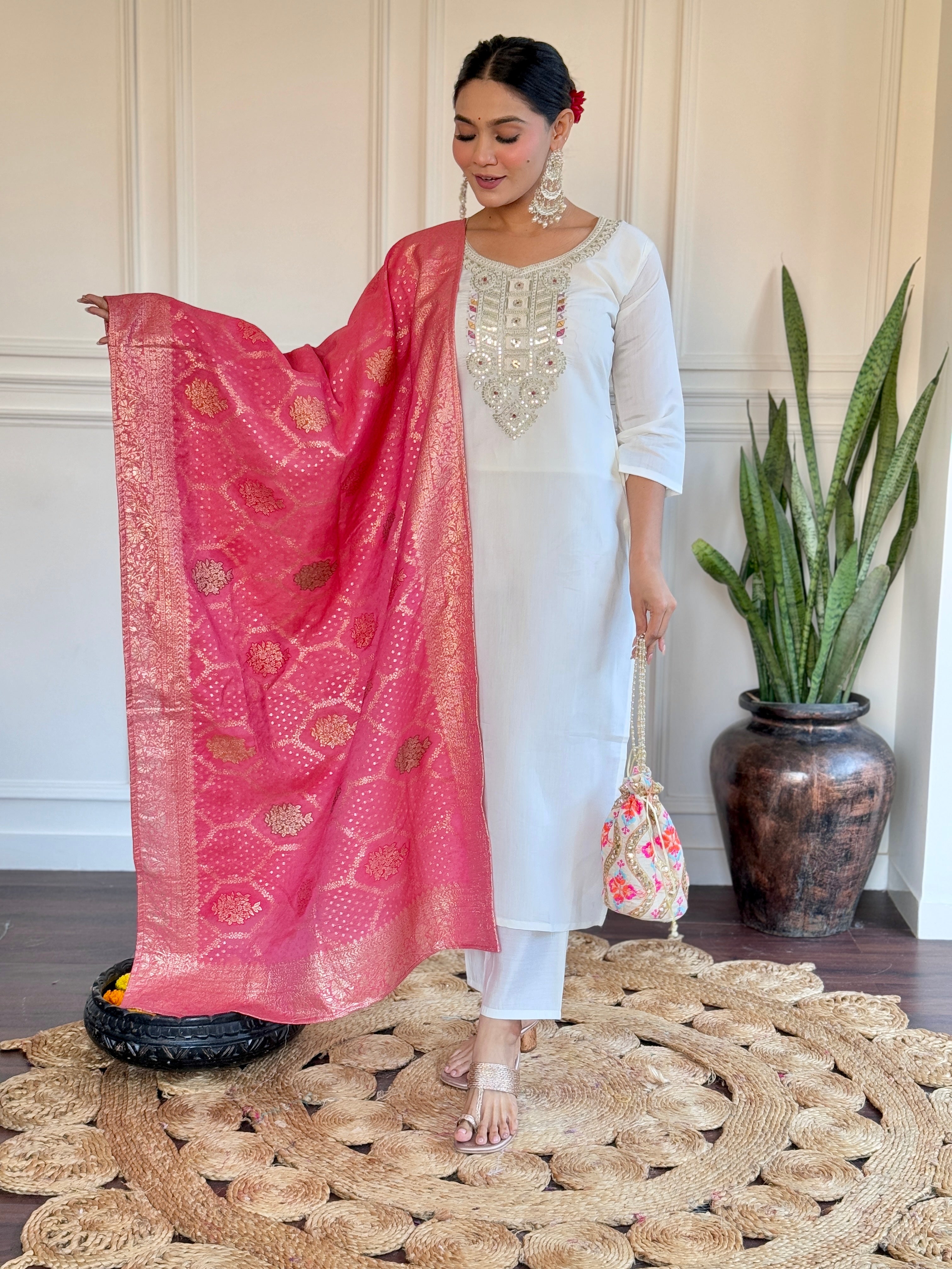 Off White Chanderi Embroidered Kurta