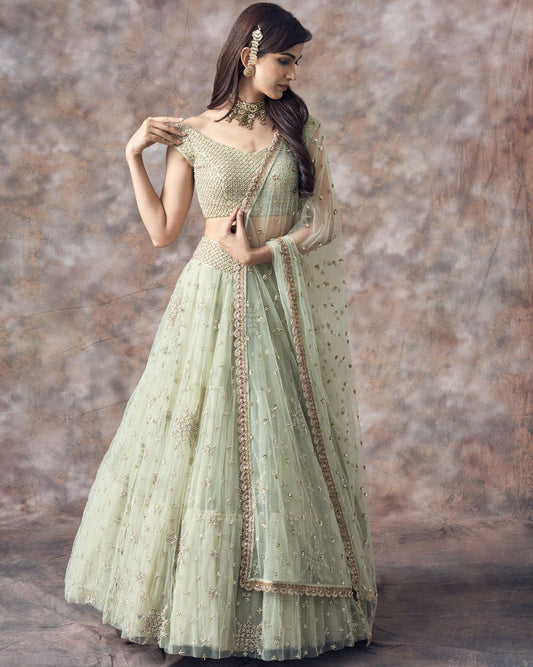 Light Green Sequin Work Mesh Lehenga