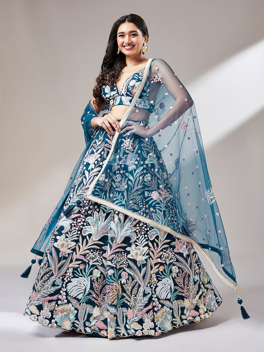 Navy blue Net Sequinse Work Lehenga Set