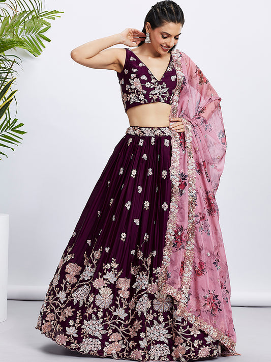 Burgundy Pure Georgette Sequins and thread embroidery Lehenga Set