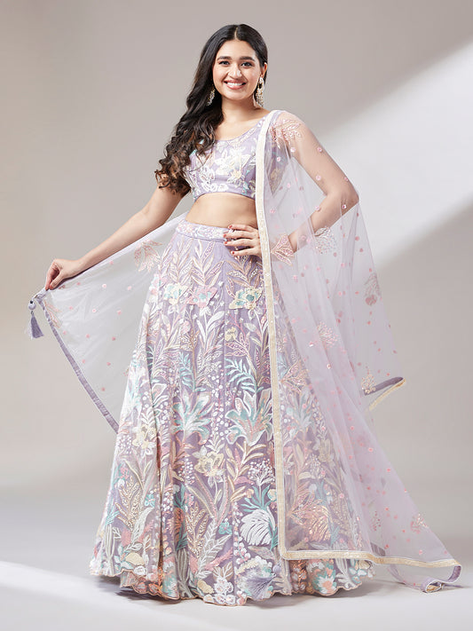 Muave Net Sequinse Work Lehenga Set