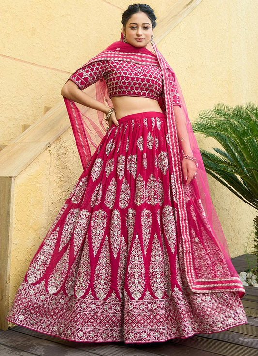 Cherry Red Zari Embroidery Work Lehenga