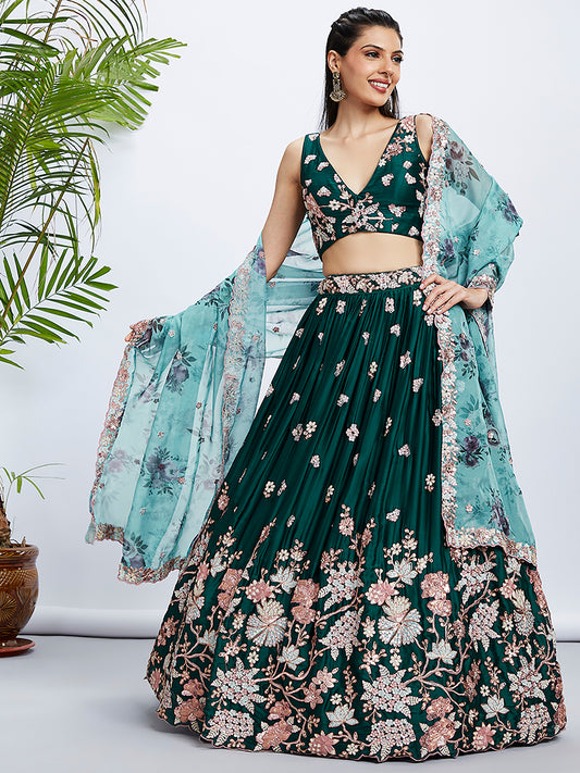 Green Pure Georgette Sequins and thread embroidery Lehenga Set