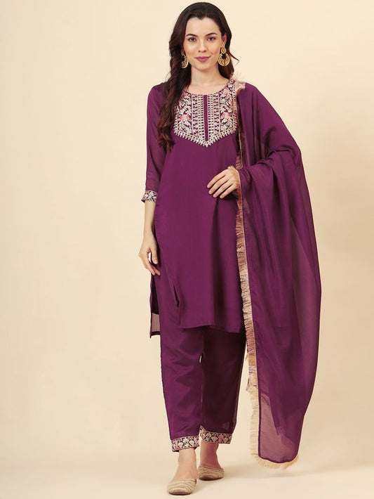 Wine Vichitra Silk Designer Embroidery Work Ethnic Readymade Salwar Suit