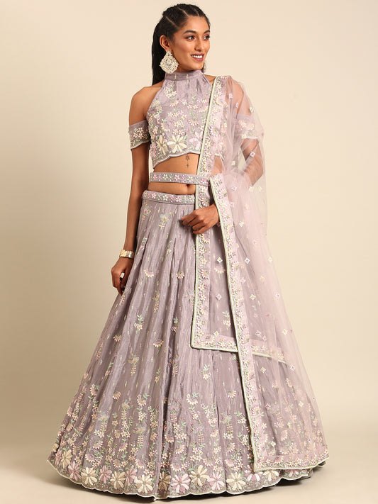 Mauve Pure Georgette Sequins with heavy Zarkan embroidery Lehenga Set