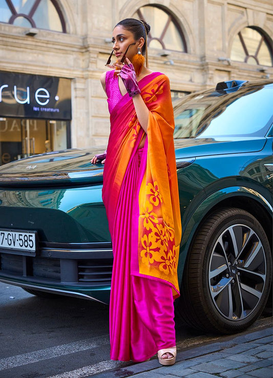 Magenta floral print saree