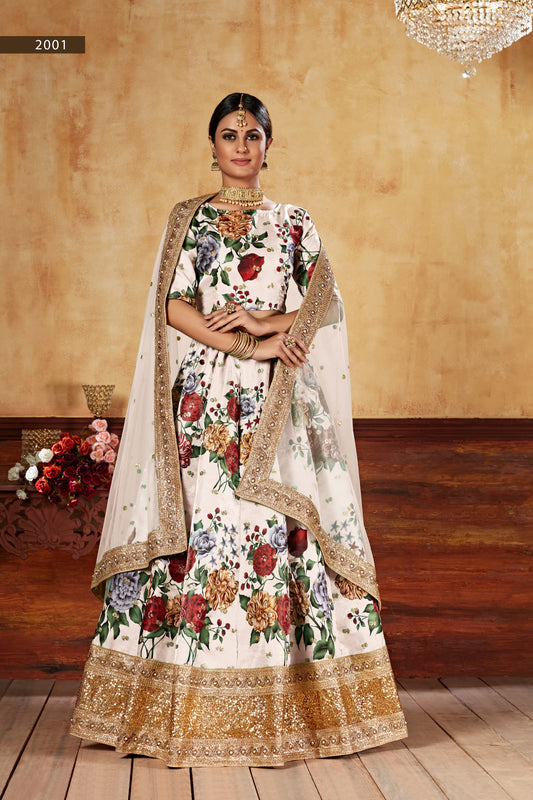 Cream Digital Print Embroidered Lehenga set