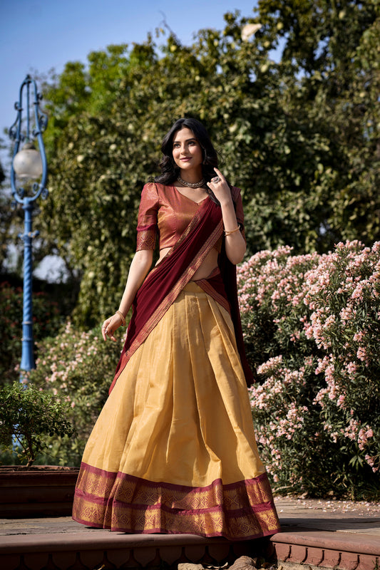 Plain Kanchipuram Style Zari Weaving Work Lehenga Choli