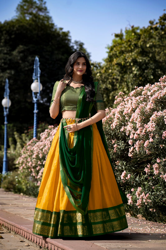 Plain Kanchipuram Style Zari Weaving Work Lehenga Choli