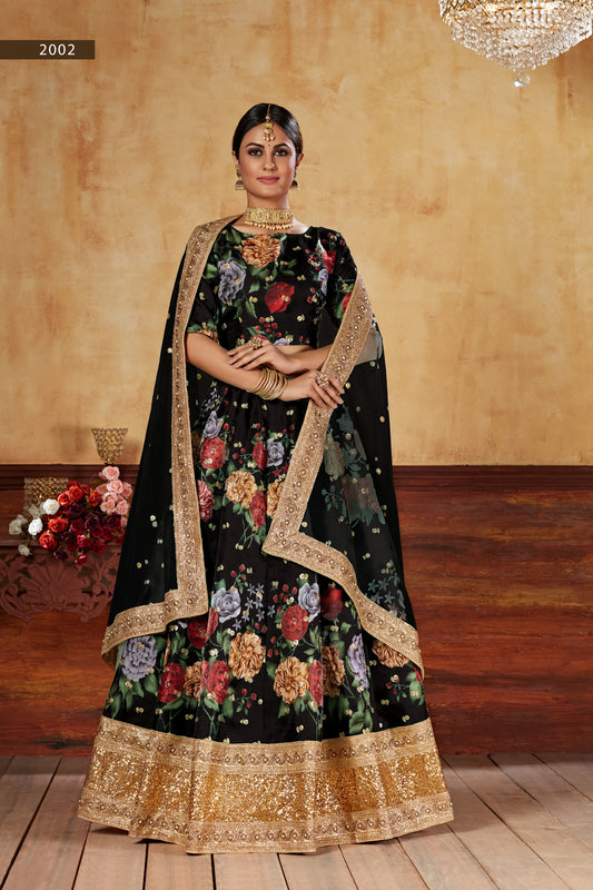 Black Digital Print Embroidered Lehenga set