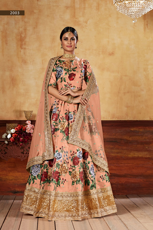 Orange Digital Print Embroidered Lehenga set