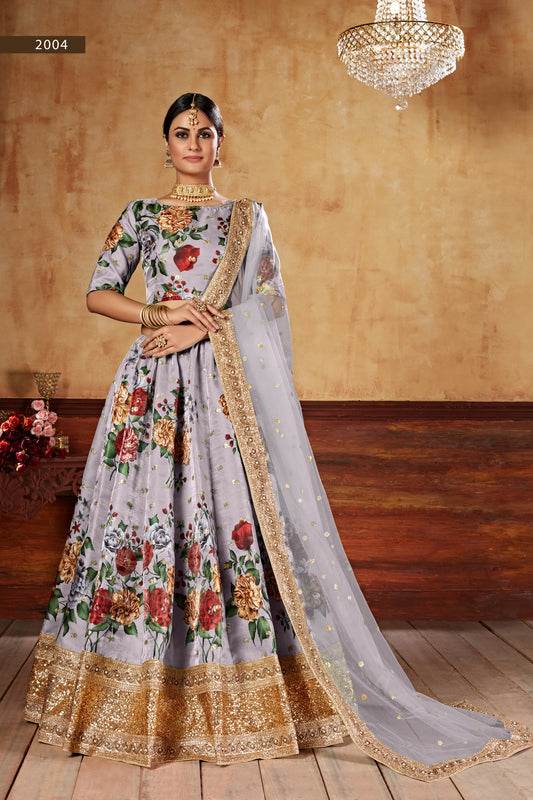 Grey Digital Print Embroidered Lehenga set