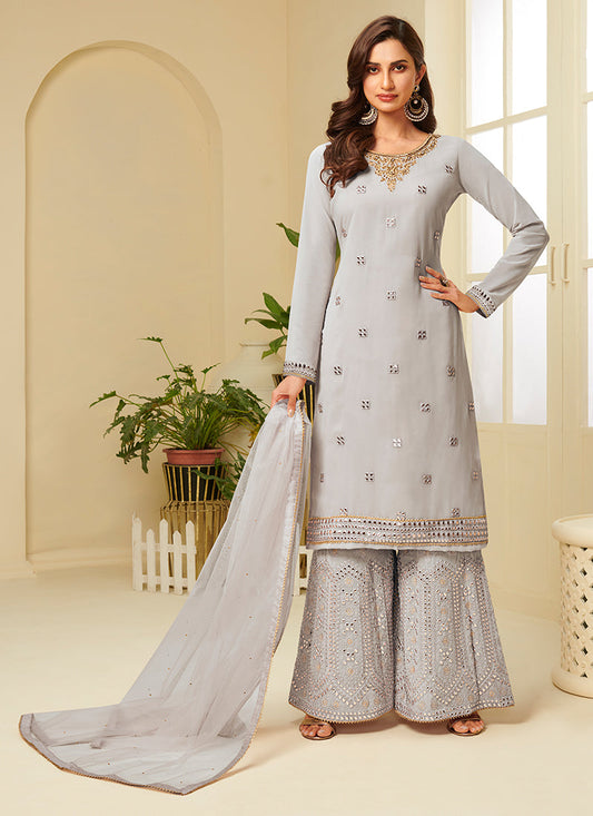 Grey Georgette Kurta Set  With Embroidery - Thread, Matti And Zari Embroidery