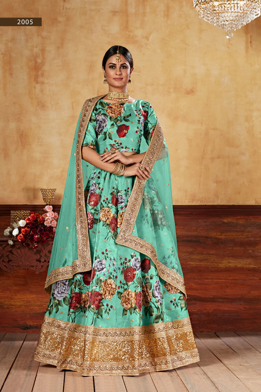 Green Digital Print Embroidered Lehenga set