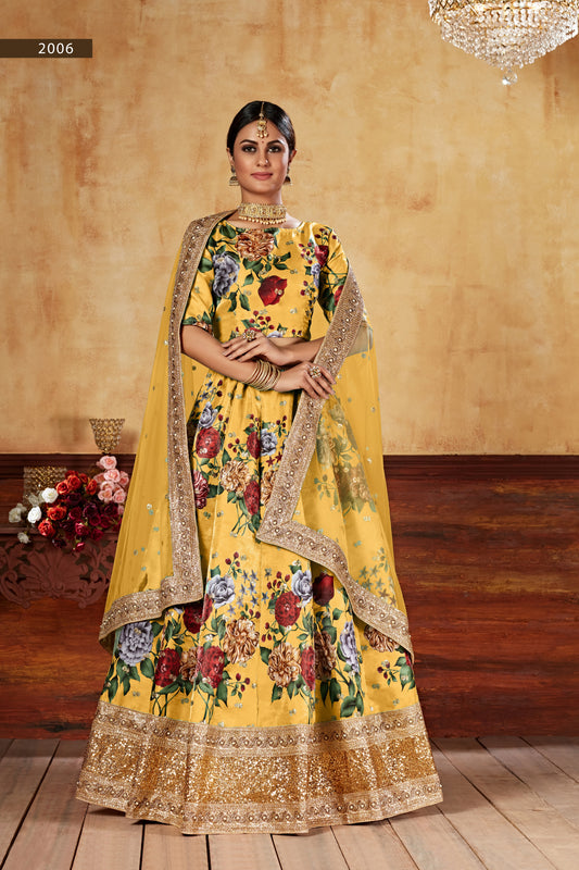 Yellow Digital Print Embroidered Lehenga set