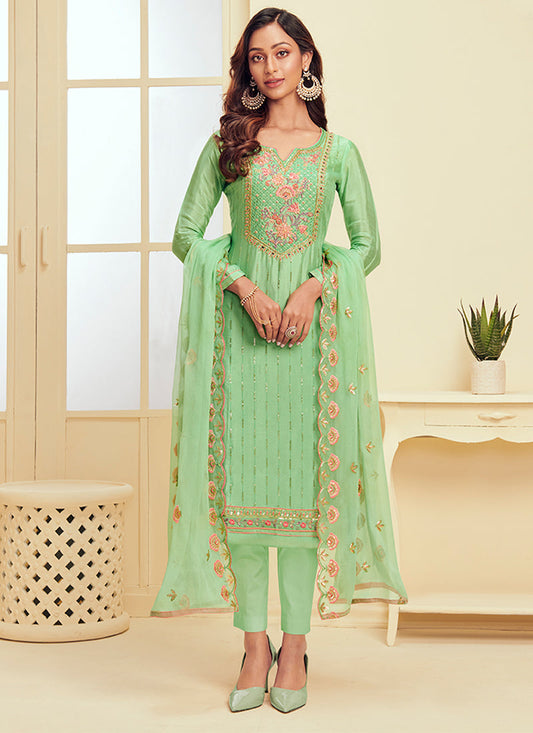 SeafoamGreen Pure Georgette  Kurta Set  With Multicolor Thread And Zari Embroidery, Khatli Work