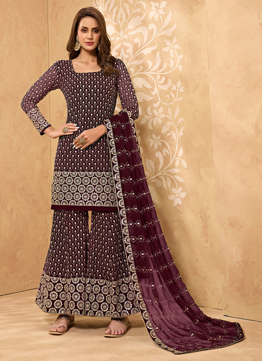 Wine Georgette Kurta Set  With Embroidery - Sequins, Matti And Ari Embroidery