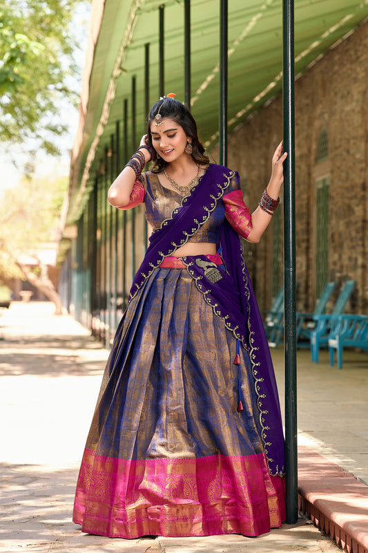 Blue Kanjivaram Style Zari Weaving Work Lehenga Choli