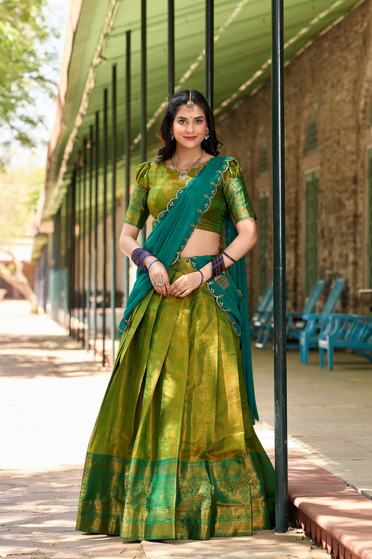 Parrot Kanjivaram Style Zari Weaving Work Lehenga Choli