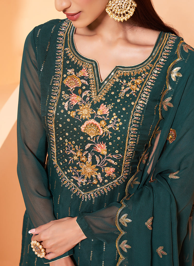 Darkgreen Pure Georgette  Kurta Set  With Embroidery - Sequins, Thread And Zari Embroidery, Khatli Work